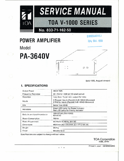 TOA PA-3640V Service Manual Amplifier